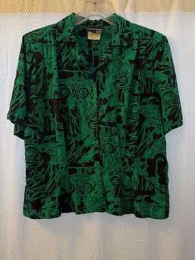 Vintage Oui Petites by Tan Jay Green & Black  Blouse Pleats & Shoulder Pads - 10